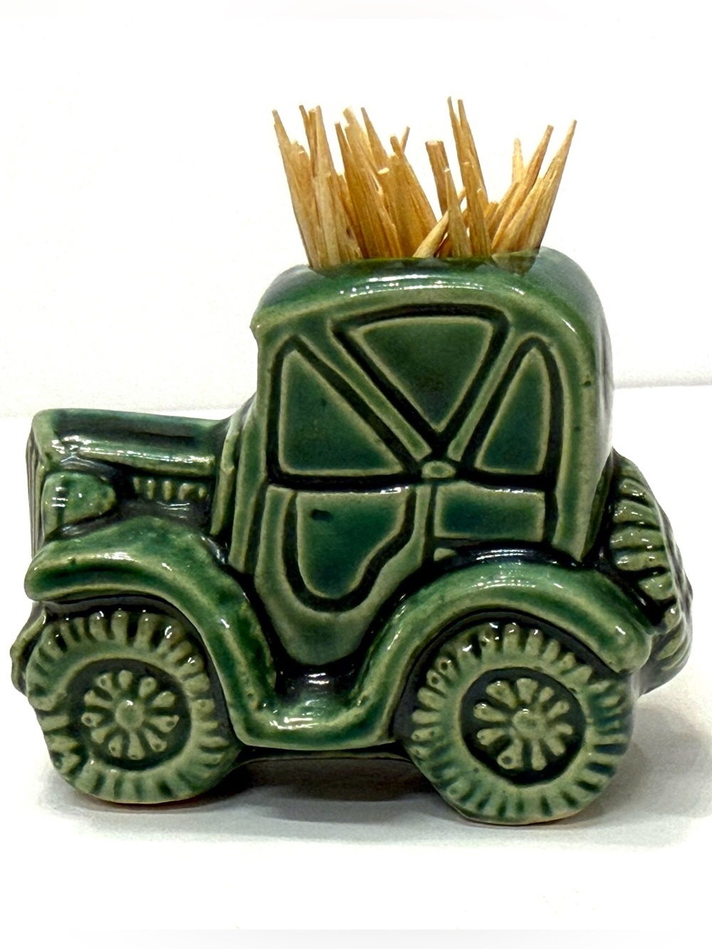 Vintage 1970s Green Ceramic Car Match & Toothpick Holder